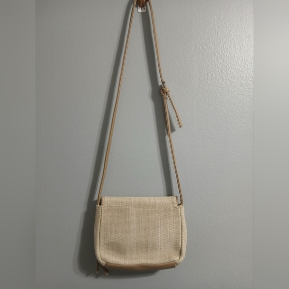 Tan Crossbody Bag with Leather Trim and Flap Closure - Picture 7 of 16